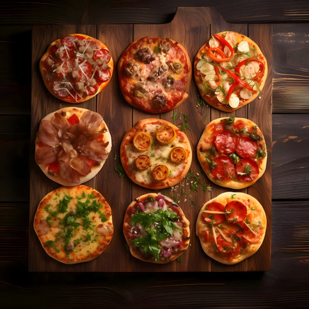 Many small round pizzas on a wooden kitchen board. The view from above. Baked and tasty.の写真素材