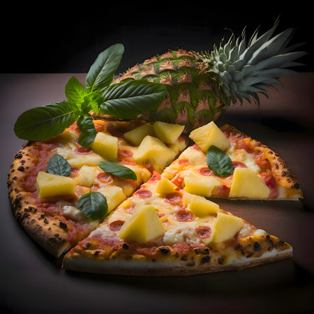 Round pizza with cheese, basil, pineapple, spices on a plate. Side view. Baked and tasty.の写真素材