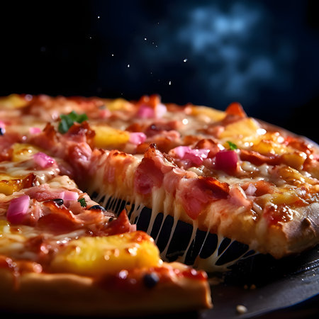 Round pizza with cheese, ham, salami, spices on a kitchen board. Close-up view. Baked and tasty.の写真素材