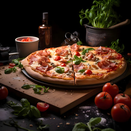 Round pizza with cheese, ham, basil, tomatoes spices on a wooden kitchen board. Around the decoration with vegetables and spices. Side view. Baked and tasty.の写真素材