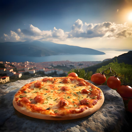 Round pizza with cheese, ham, tomatoes spices on a wooden kitchen board. Around the decoration with vegetables and spices. Side view. The bay in the background. Baked and tasty.の写真素材