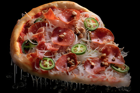 A slice of pizza with cheese, cucumber, salami, tomato isolated on a black background looks tasty.の写真素材