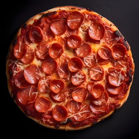 Round pizza with cheese, ham, salami, basil spices.Around the decoration with vegetables and spices. Top view. Baked and tasty.の写真素材