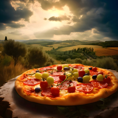 Round pizza with cheese, ham, tomatoes, spices on a wooden kitchen board. Around the decoration with vegetables and spices. Side view. In the background is a meadow. Baked and tasty.の写真素材