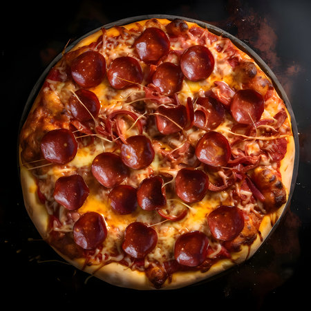 Round pizza with cheese, ham, salami, spices.Around the decoration with vegetables and spices. Top view. Baked and tasty.の写真素材