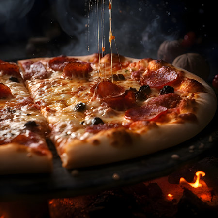 Round pizza with cheese, tomatoes, salami, spices. Close-up view. Baked and tasty.の写真素材