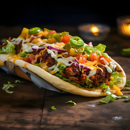 Taco baked with chicken, onion, tomato, cucumber, sauces on wooden top smeared background. It looks delicious.の写真素材