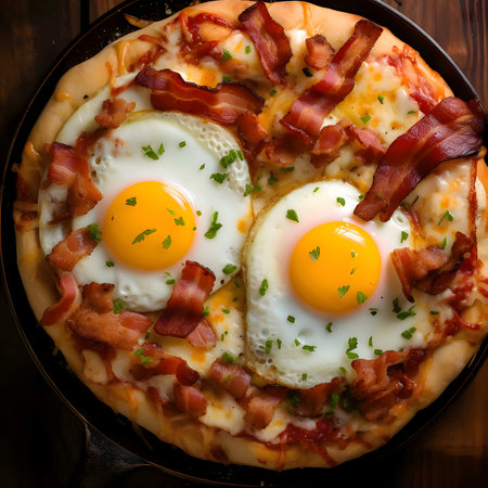 Round pizza with cheese, ham, salami, eggs, bacon, spices.Around the decoration with vegetables and spices. Top view. Baked and tasty.の写真素材