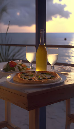 Round pizza with cheese, ham, basil, olives, spices on the plate, wine and cups on the table Side view, table and sea in the background. Baked and tasty.の写真素材