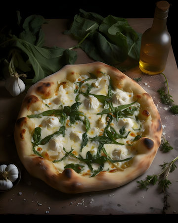 Round pizza with cheese and greens, spices on a wooden kitchen board. Around the decoration with vegetables and spices. Side view. Baked and tasty.の写真素材