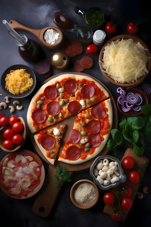 Round pizza with cheese, ham, salami, spices on a wooden kitchen board. Decorations of vegetables and spices all around. The view from above. Baked and tasty.の写真素材
