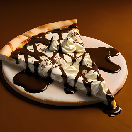 Piece of sweet pizza with meringue and chocolate topping. Illustration. Baked and tasty.の写真素材