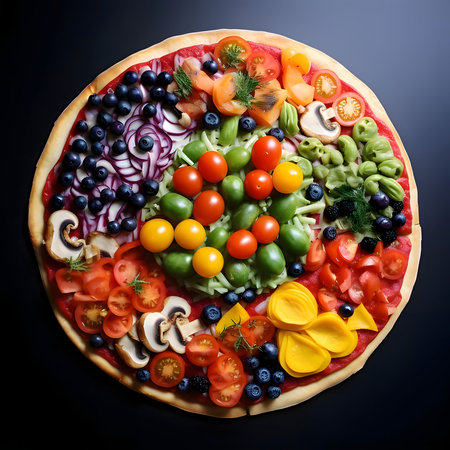 Round pizza with cheese, tomatoes, olives, mushrooms, blueberries spices. Top view. Baked and tasty.の写真素材