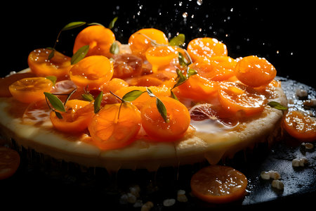 Round pizza with oranges, spices. Side view. Baked and tasty.の写真素材