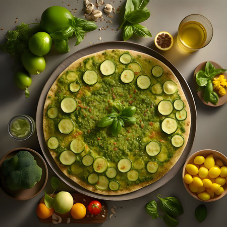 Round pizza with cheese, basil, cucumber, spices on a plate.Decorations of vegetables and condiments all around. Top view. Baked and tasty.の写真素材