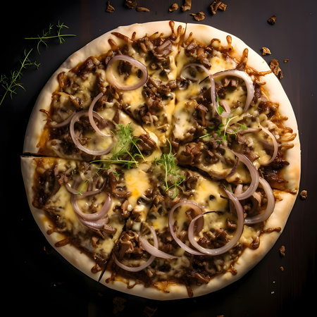 Round pizza with cheese, salami, mushrooms, onions, spices. Top view. Baked and tasty.の写真素材