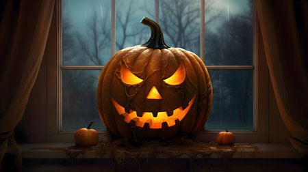 Glowing jack-o-lantern pumpkin, background window falling rain darkness, a Halloween image. Atmosphere of darkness and fear.の写真素材