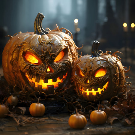 Two jack-o-lantern pumpkins glowing on a dark blurry background, a Halloween image. Atmosphere of darkness and fear.の写真素材
