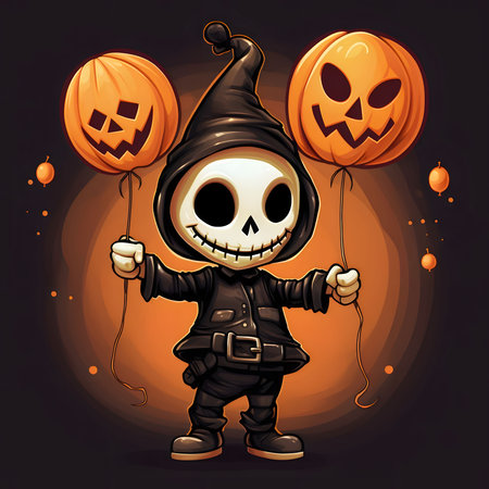 Skull monster with two jack-o-lanterns in hand as balloons, dark background, a Halloween image. Atmosphere of darkness and fear.の写真素材