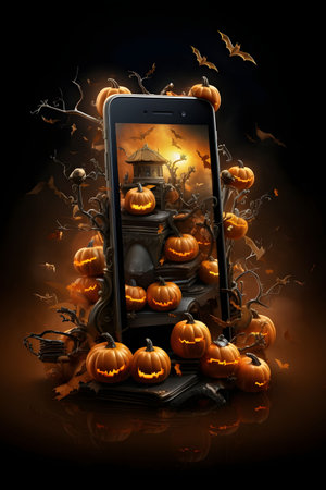 Smartphone screen with dark jack-o-lanterns, bats on a dark background, Halloween. Atmosphere of darkness and fear.の写真素材