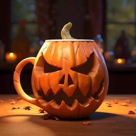 Carved from a pumpkin jack-o-lantern mug, a Halloween image. Atmosphere of darkness and fear.の写真素材