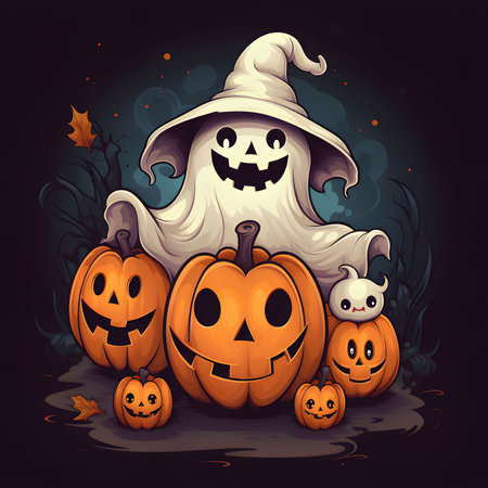 A big smiling ghost and pumpkins on a black background, a Halloween image. Atmosphere of darkness and fear.の写真素材