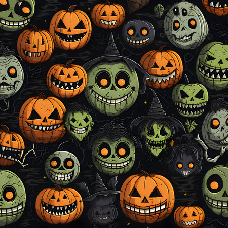 Elegant and modern. Scary jack-o-lantern pumpkins as abstract background, wallpaper, banner, texture design with pattern - vector. Dark colors.の写真素材