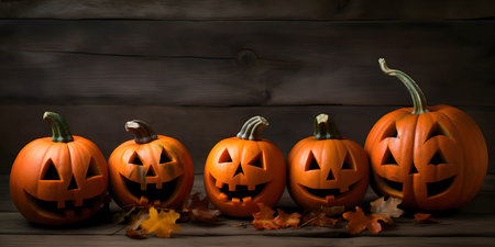 Jack-o-lantern pumpkins on wooden boards in the background, banner with space for your own content. Blank space for the inscription.の写真素材