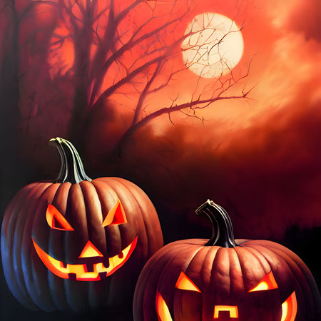 Jack-o-lantern pumpkins on the background of the sunset, banner with space for your own content. Blank space for the inscription.の写真素材