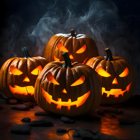 Four dark, glowing jack-o-lantern pumpkins on a dark background with smoke rising, a Halloween image. Atmosphere of darkness and fear.の写真素材