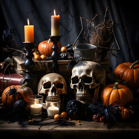 Skulls human pumpkins spiders, candles, dark table, a Halloween image. Atmosphere of darkness and fear.の写真素材