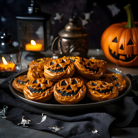 Jack-o-lantern pumpkin cookie on a plate, a Halloween image. Atmosphere of darkness and fear.の写真素材