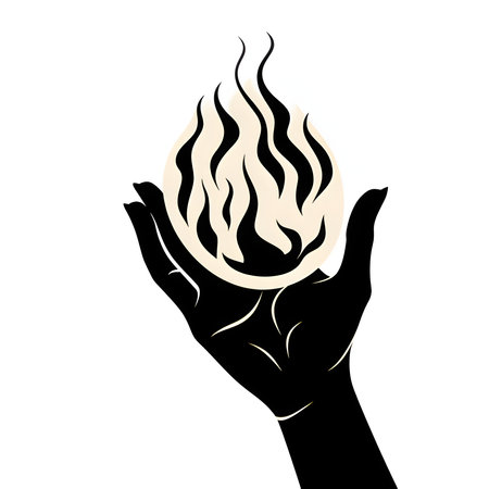 Vector illustration of a flame in hand in black silhouette against a clean white background, capturing graceful forms.のイラスト素材