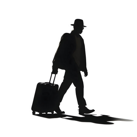 Vector illustration of a man with a suitcase on wheels in black silhouette against a clean white background, capturing graceful forms.のイラスト素材
