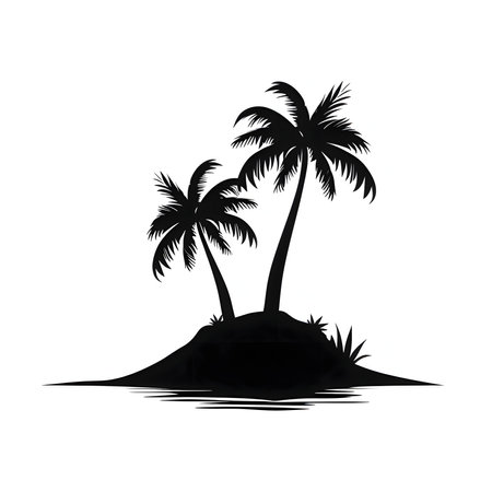 Vector illustration of an island with palm trees in black silhouette against a clean white background, capturing graceful forms.のイラスト素材