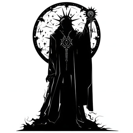 Vector illustration of a wizard in black silhouette against a clean white background, capturing graceful forms.のイラスト素材