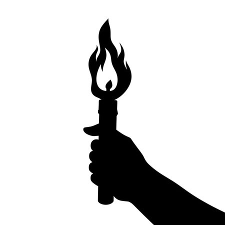 Vector illustration of a candle in hand in black silhouette against a clean white background, capturing graceful forms.のイラスト素材
