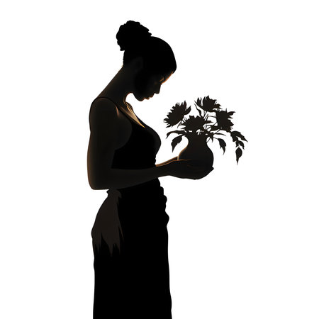 Vector illustration of a woman with a vase in black silhouette against a clean white background, capturing graceful forms.のイラスト素材