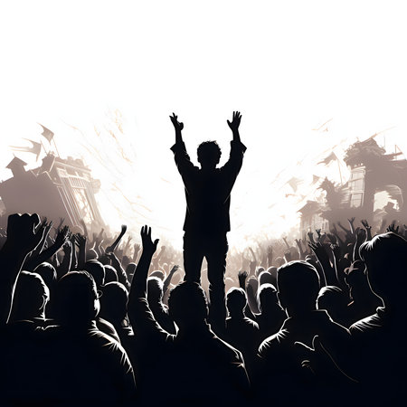 Vector illustration of cheering people in black silhouette against a clean white background,...