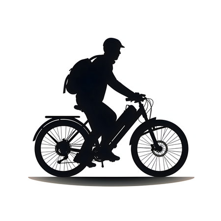 Vector illustration of a man on a bike, cyclist in black silhouette against a clean white background, capturing graceful forms.のイラスト素材