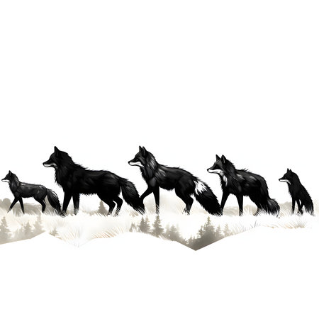 Vector illustration of pack of wolves in black silhouette against a clean white background,...