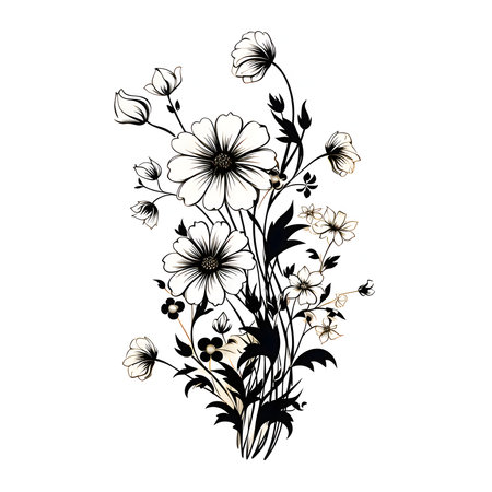 Vector illustration of field flowers in black silhouette against a clean white background, capturing graceful forms.のイラスト素材