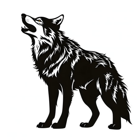 Vector illustration of a wolf in black silhouette against a clean white background, capturing...