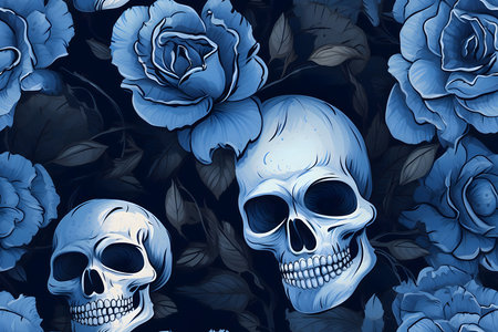Elegant and modern. Human skulls decorated with roses, flowers and leaves as abstract background, wallpaper, banner, texture design with pattern - vector. Dark blue colors.の写真素材
