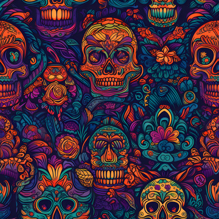 Elegant and modern. Colorful painted skulls with orange flowers as abstract background, wallpaper, banner, texture design with pattern - vector. Dark colors.の写真素材