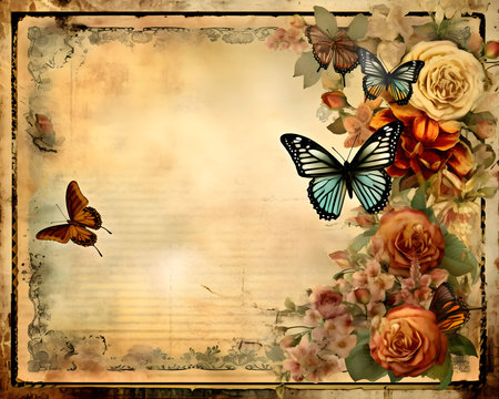 A frame embellished with flowers, skulls and butterflies against a old paper background forms an elegant and visually appealing composition.の写真素材