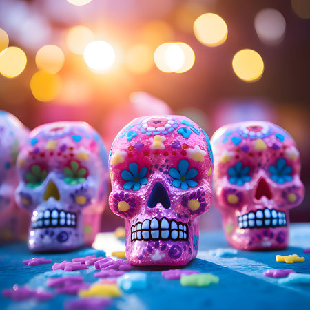 Three pink human skulls on a smudged background. For the day of the dead and Halloween. Atmosphere of death and solemnity.の素材