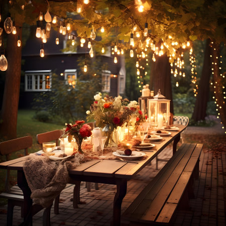 A richly set table, ready for a Thanksgiving feast, with glowing lights all around. Thanksgiving for the harvest. Atmosphere of joy and celebration.の写真素材