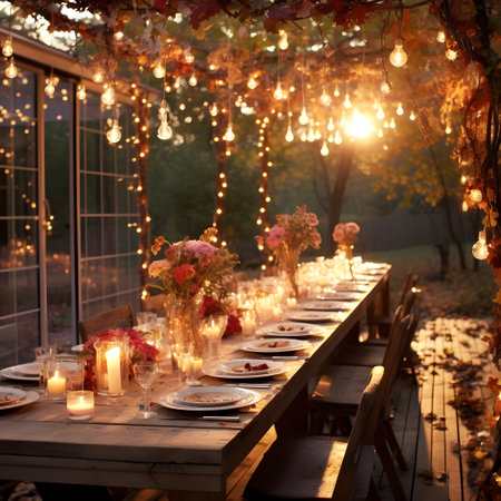 A richly set table, ready for a Thanksgiving feast, with glowing lights all around. Thanksgiving for...