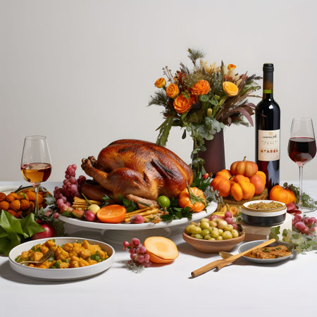 Prepared Thanksgiving feast with turkey, fruits, wine, flowers. Turkey as the main dish of Thanksgiving for the harvest, picture on a white isolated background. An atmosphere of joy and celebration.の写真素材